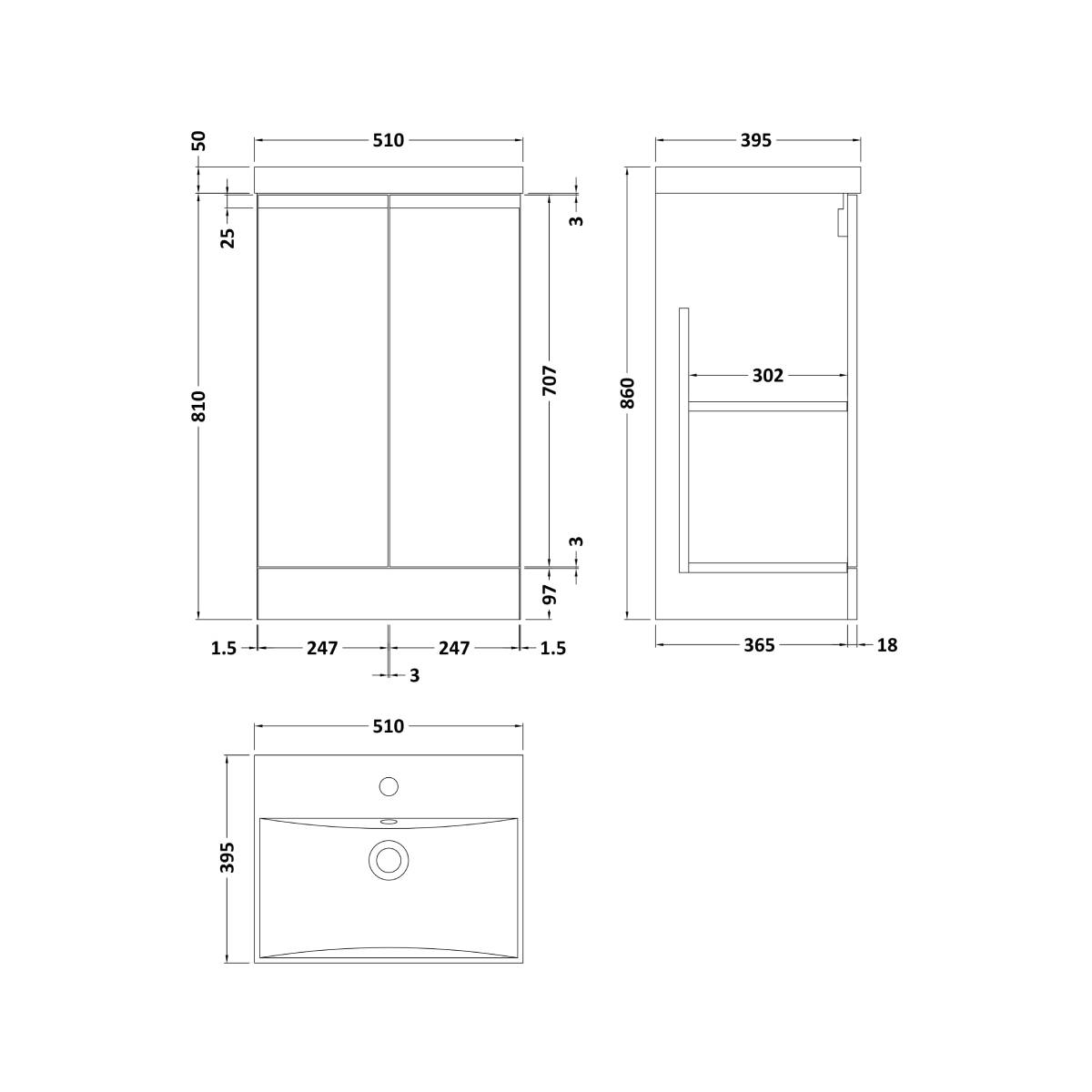 Hudson Reed Urban 500mm Floorstanding Vanity Unit & Thin-Edged Basin - Satin White URB107D - Technical drawing