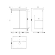 Hudson Reed Urban 500mm Floorstanding Vanity Unit & Thin-Edged Basin - Satin White URB107D - Technical drawing