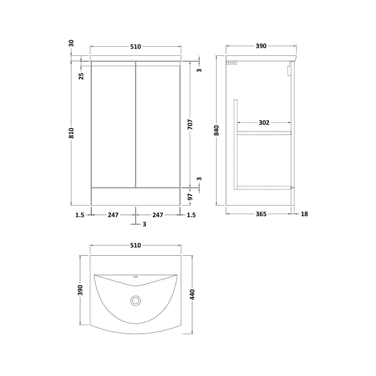 Hudson Reed Urban 500mm Floorstanding Vanity Unit & Curved Basin - Satin White URB107G - Technical drawing
