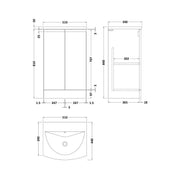 Hudson Reed Urban 500mm Floorstanding Vanity Unit & Curved Basin - Satin White URB107G - Technical drawing