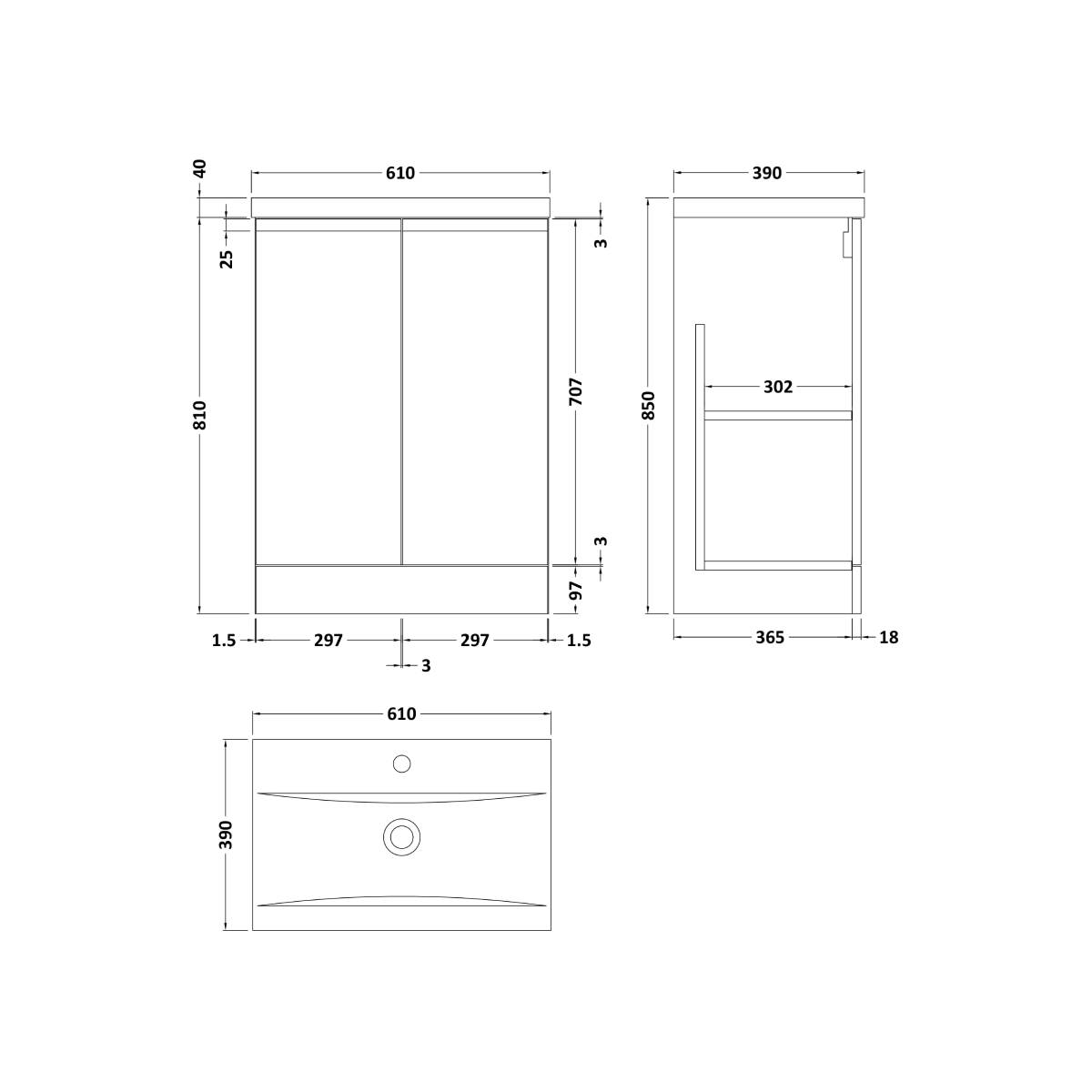 Hudson Reed Urban 600mm Floor Standing Vanity Unit & Mid-Edged Basin - Satin White URB108A - Technical drawing