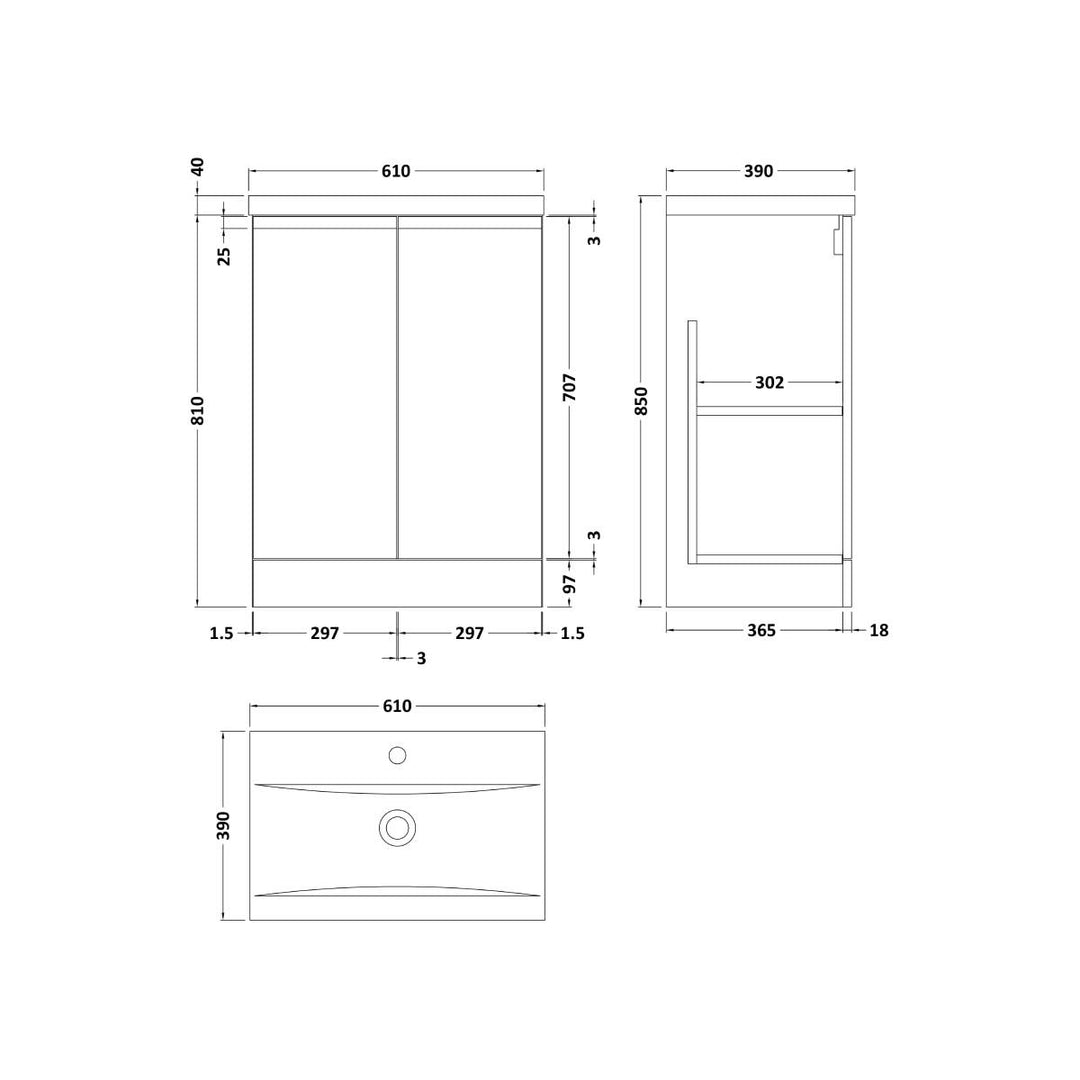 Hudson Reed Urban 600mm Floor Standing Vanity Unit &amp; Mid-Edged Basin - Satin White URB108A
