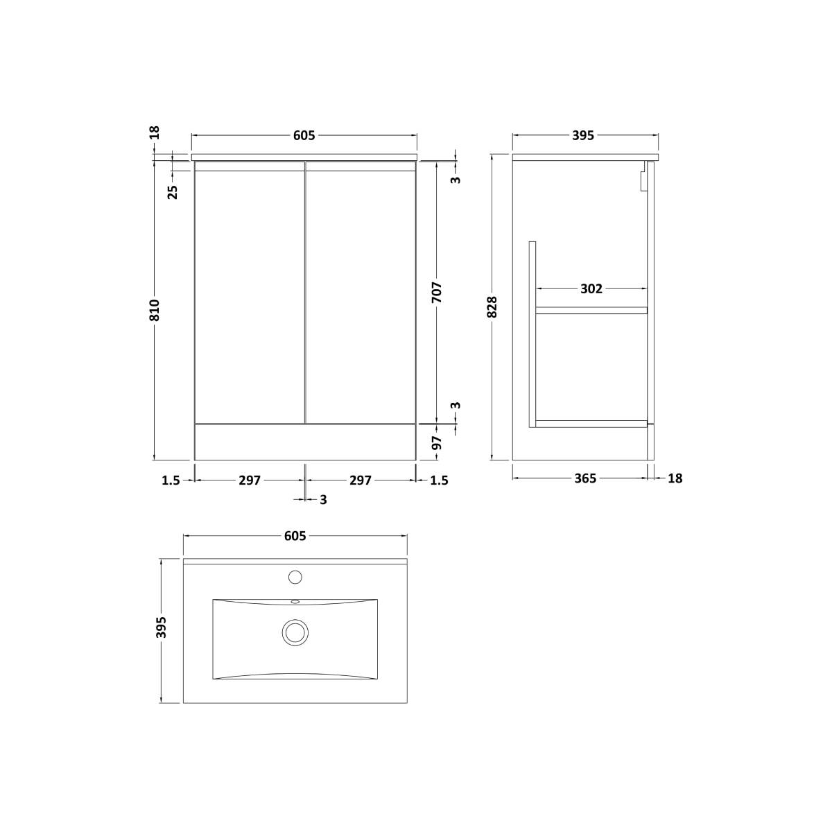 Hudson Reed Urban 600mm Floor Standing Vanity Unit & Minimialist Basin - Satin White URB108B - Technical drawing