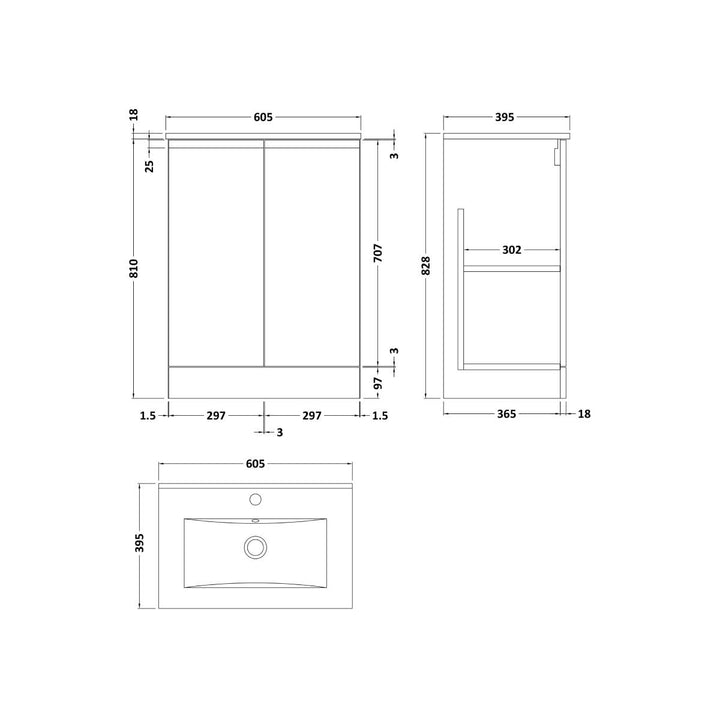 Hudson Reed Urban 600mm Floor Standing Vanity Unit &amp; Minimialist Basin - Satin White URB108B