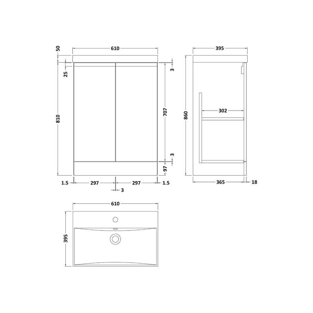 Hudson Reed Urban 600mm Floor Standing Vanity Unit &amp; Thin-Edged Basin - Satin White URB108D