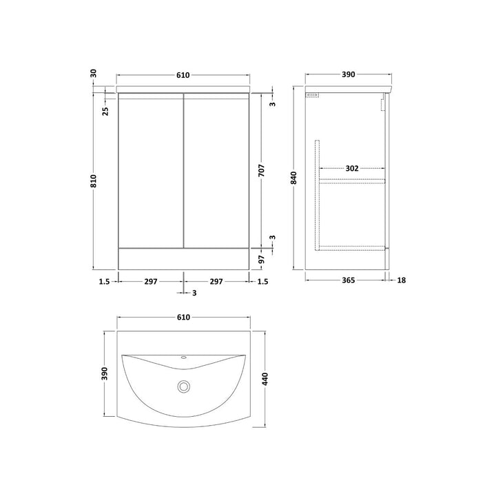 Hudson Reed Urban 600mm Floor Standing Vanity Unit &amp; Curved Basin - Satin White URB108G