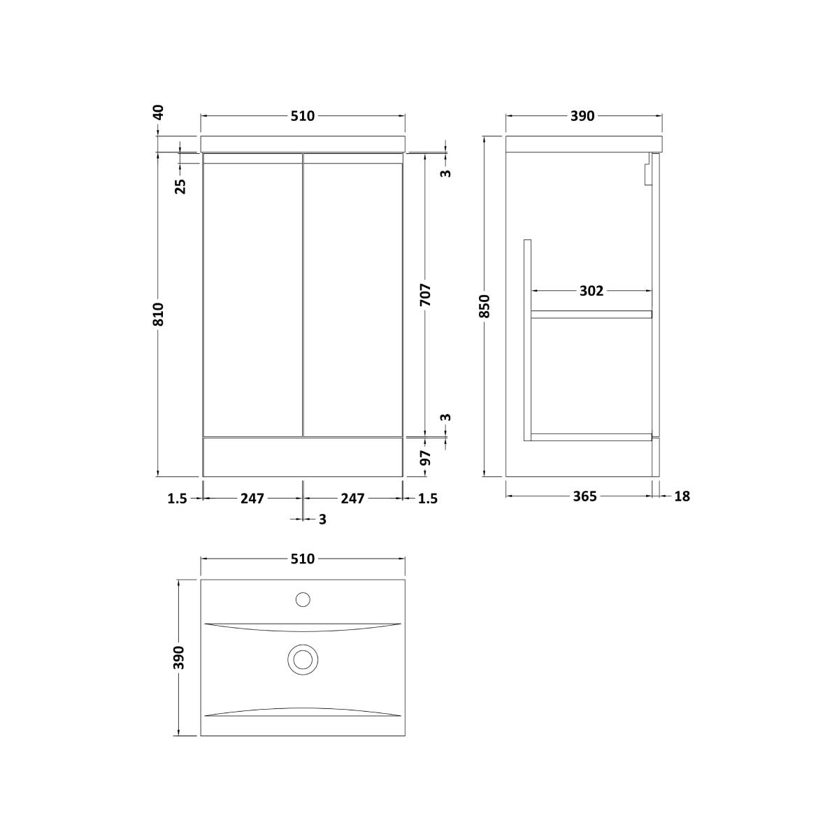 Hudson Reed Urban 500mm Floor Standing Vanity Unit & Mid-Edged Basin - Satin Blue URB307A - Technical drawing