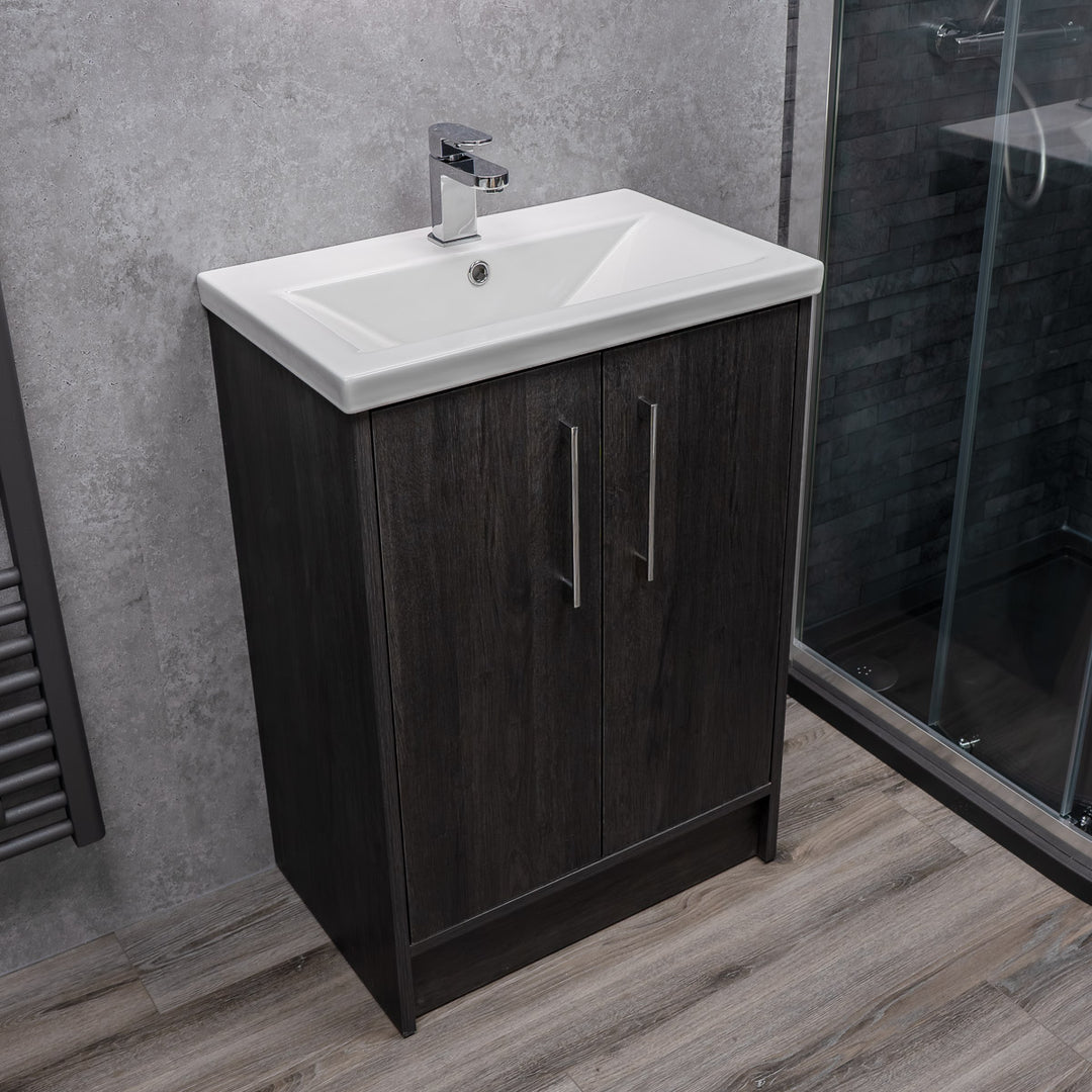 Josef Martin Urbano 600mm Space Saver Floor Standing 2 Door Vanity Unit &amp; Mid Edge Inset Basin - Roble Azabache