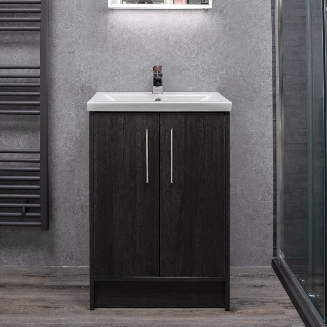 Josef Martin Urbano 600mm Space Saver Floor Standing 2 Door Vanity Unit &amp; Mid Edge Inset Basin - Roble Azabache