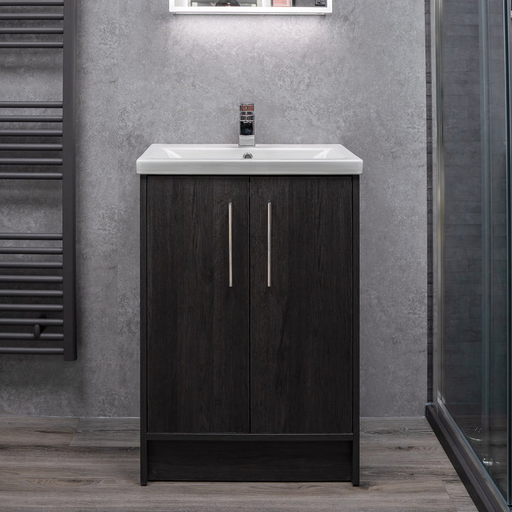 Josef Martin Urbano 600mm Space Saver Floor Standing 2 Door Vanity Unit &amp; Mid Edge Inset Basin - Roble Azabache