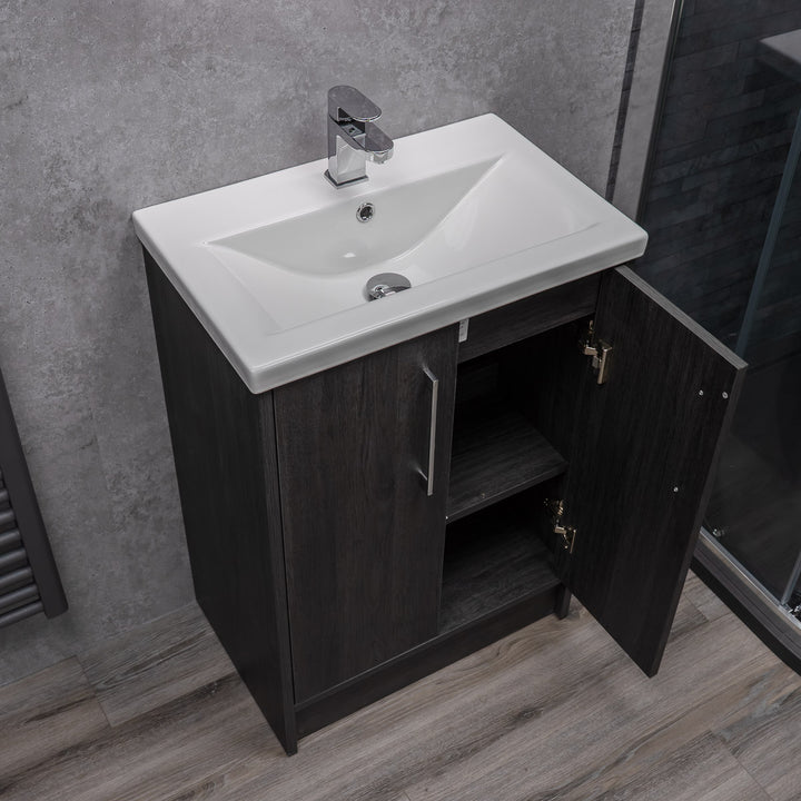 Josef Martin Urbano 600mm Space Saver Floor Standing 2 Door Vanity Unit &amp; Mid Edge Inset Basin - Roble Azabache
