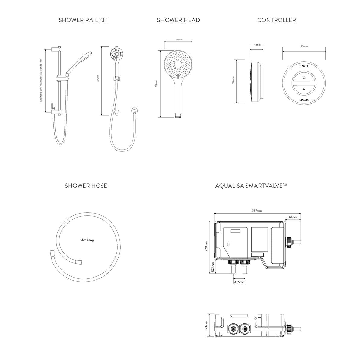 Aqualisa Unity Q Smart Shower Concealed With Adj Head - Hp/Combi - Technical drawing