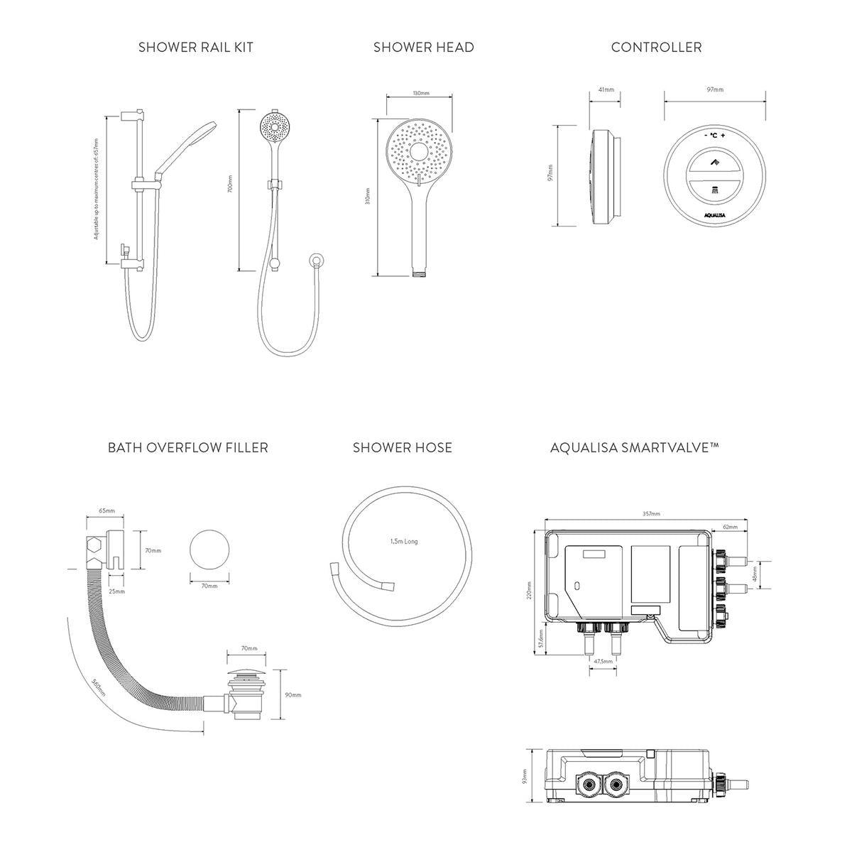 Aqualisa Unity Q Smart Shower Concealed With Adj Head And Bath Fill - Hp/Combi - Technical drawing