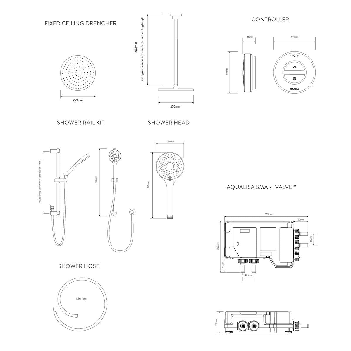 Aqualisa Unity Q Smart Shower Concealed With Adj And Ceiling Fixed Head - Hp/Combi - Technical drawing