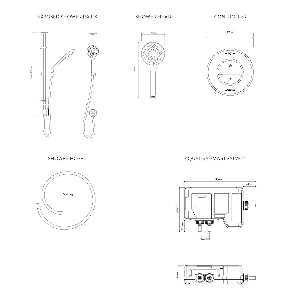 Aqualisa Unity Q Smart Shower Exposed With Adj Head - Hp/Combi - Technical drawing