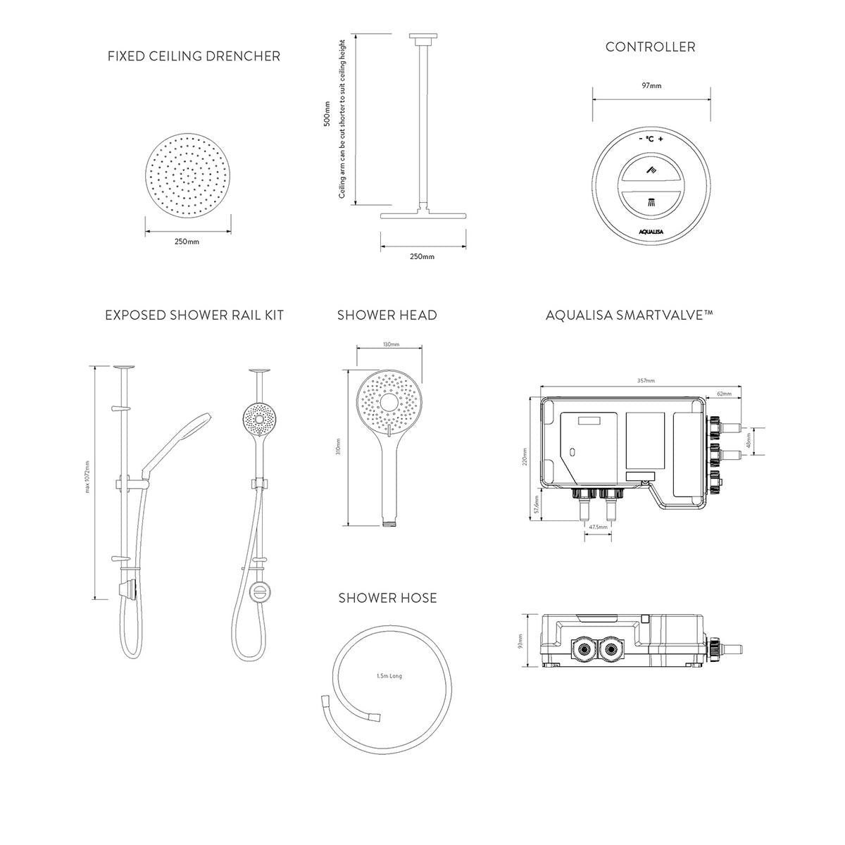 Aqualisa Unity Q Smart Shower Exposed With Adj And Ceiling Fixed Head - Hp/Combi - Technical drawing