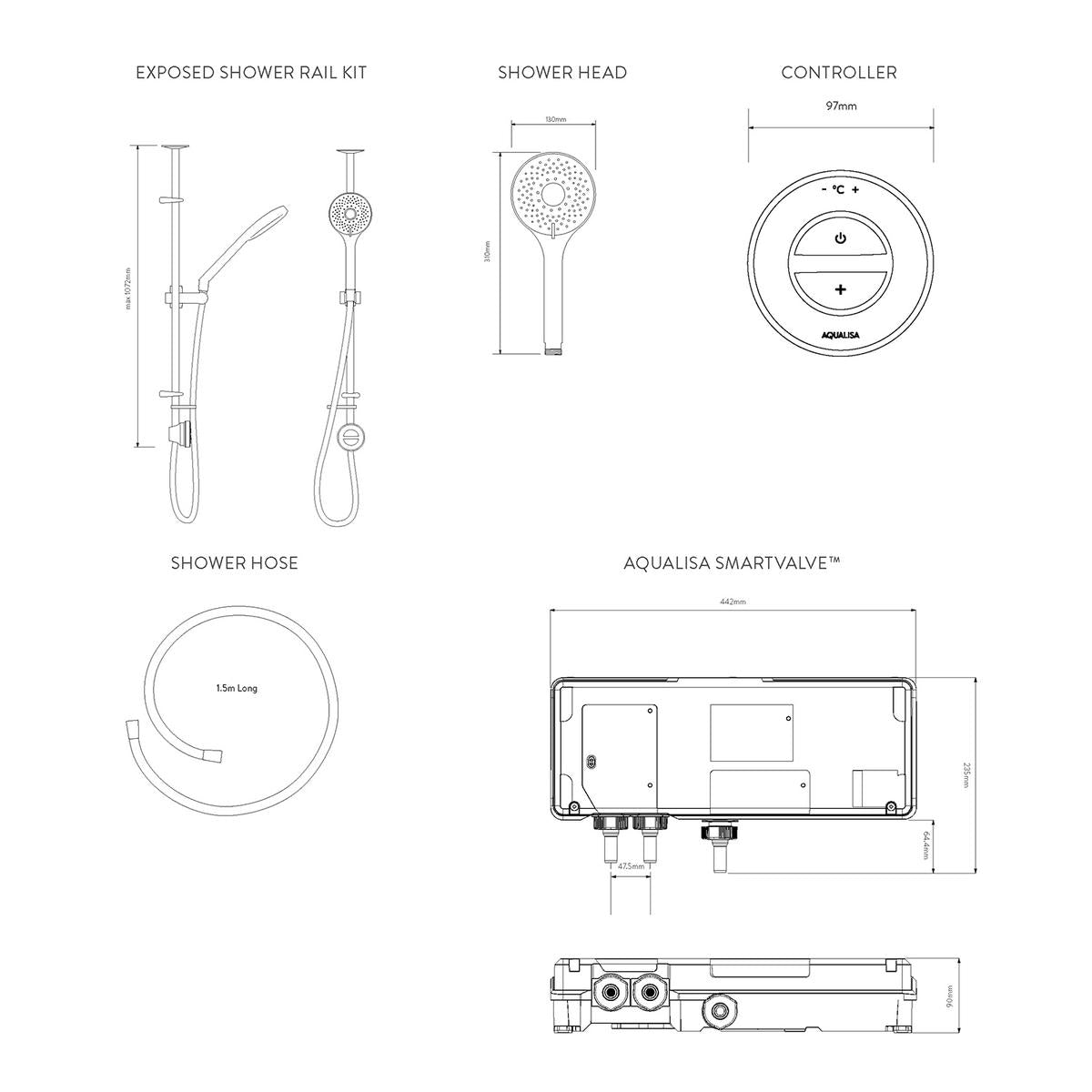 Aqualisa Unity Q Smart Shower Exposed With Adj Head - Gravity Pumped - Technical drawing