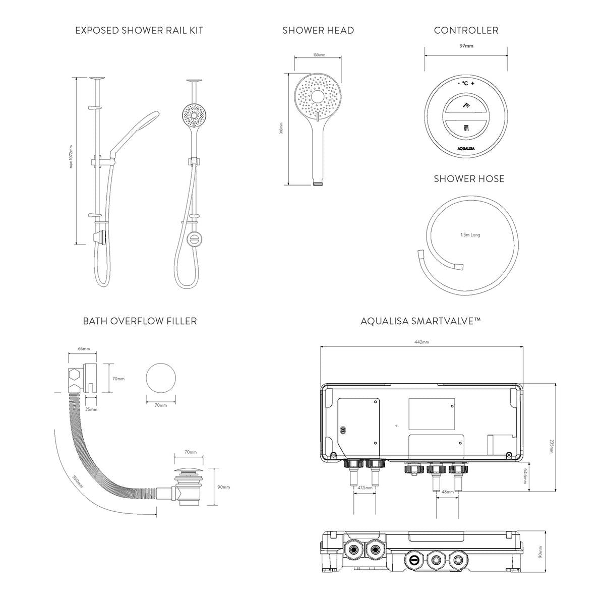 Aqualisa Unity Q Smart Shower Exposed With Bath Fill - Gravity Pumped - Technical drawing