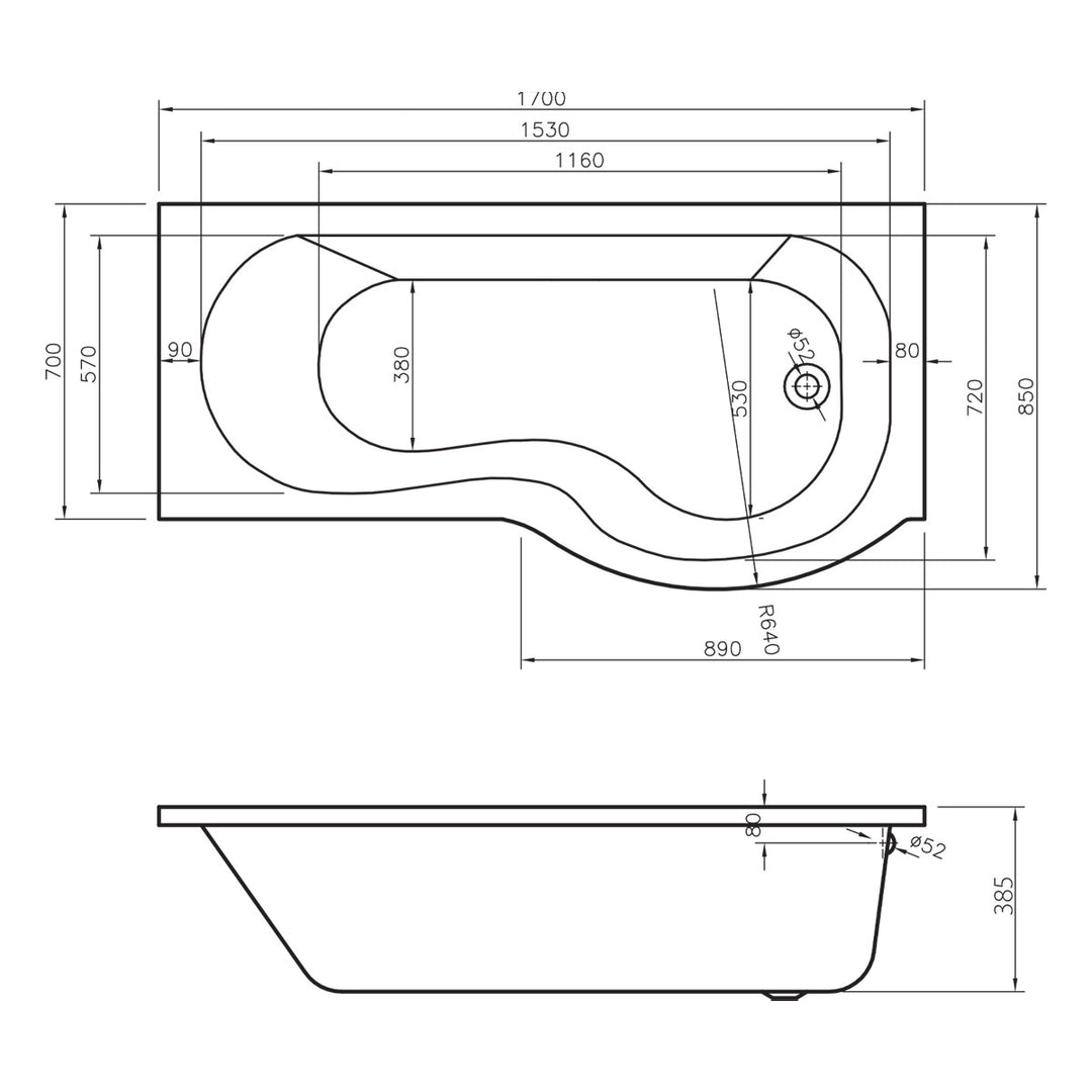 Ari 1700 x 700mm P-Shape Shower Bath, Panel &amp; Screen - Left Hand
