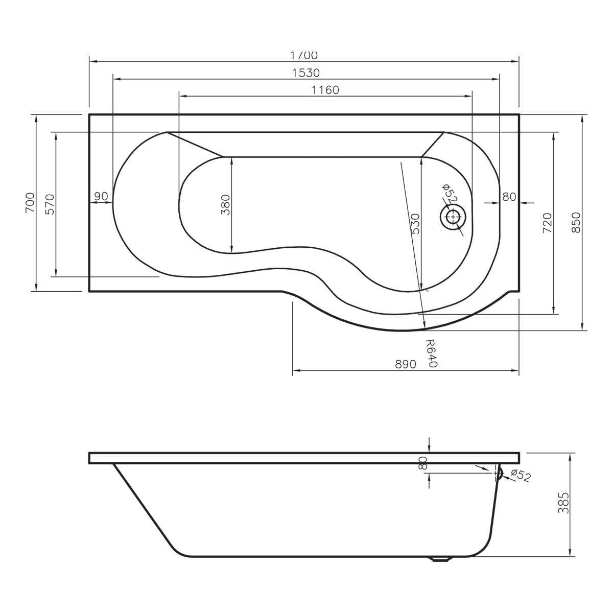 Ari 1700 x 700mm P-Shape Shower Bath, Panel & Screen - Right Hand - Technical drawing