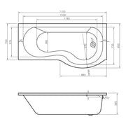 Ari 1700 x 700mm P-Shape Shower Bath, Panel & Screen - Right Hand - Technical drawing