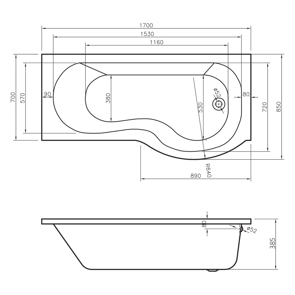 Ari 1700 x 700mm P-Shape Shower Bath, Panel & Black Screen - Left Hand - Technical drawing