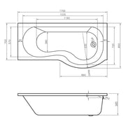 Ari 1700 x 700mm P-Shape Shower Bath, Panel & Black Screen - Right Hand - Technical drawing