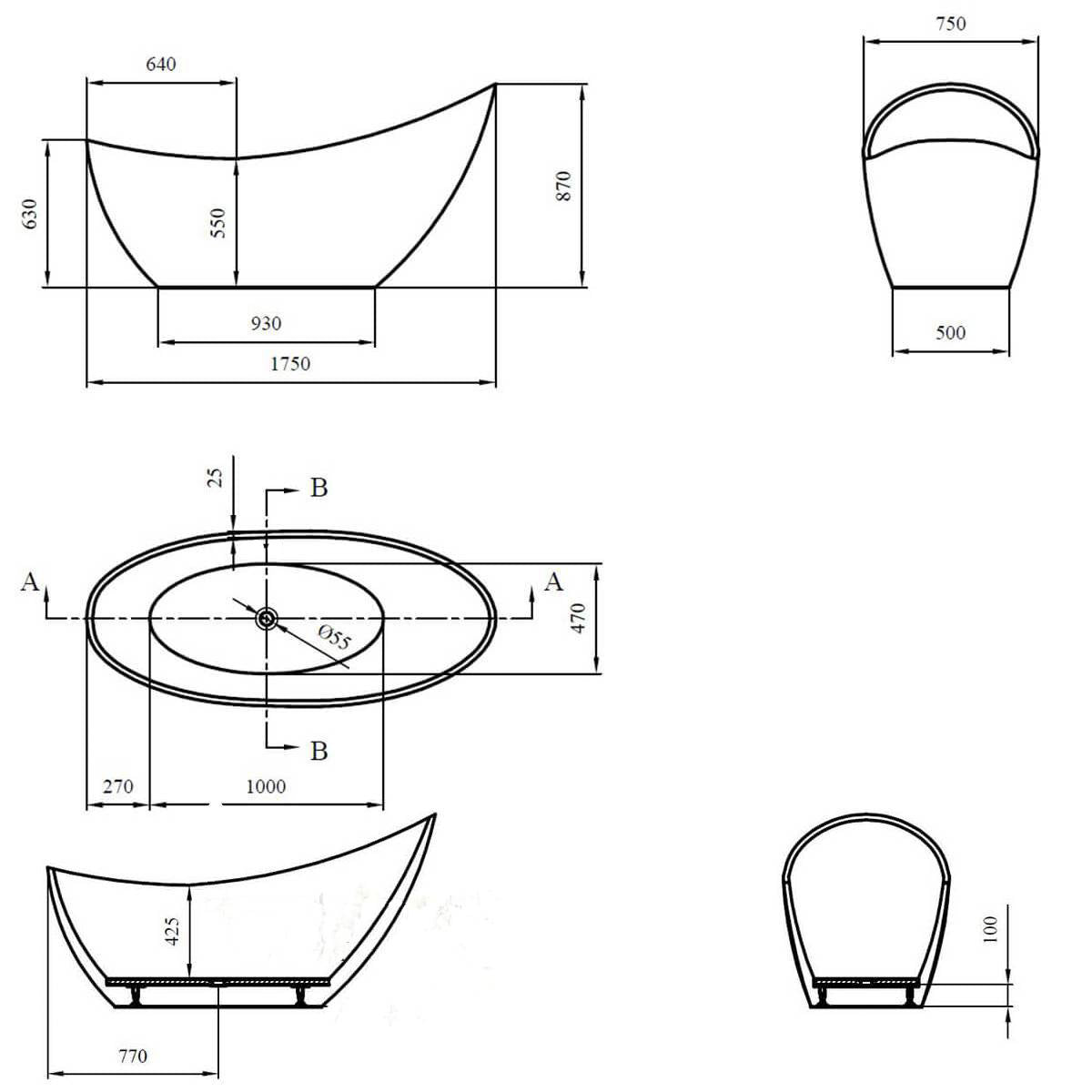 Viktor Benson Elemi Freestanding Slipper Bath - Technical drawing
