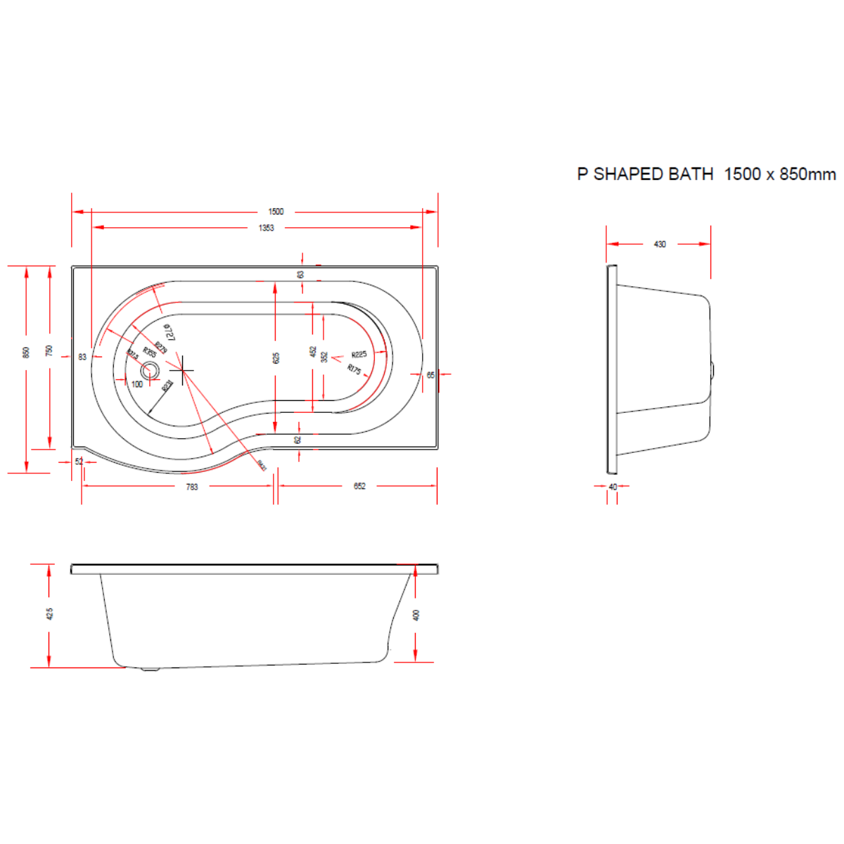 Viktor Benson 1500mm Right Hand P Shape Shower Bath with Panel and Screen Deal - Technical drawing