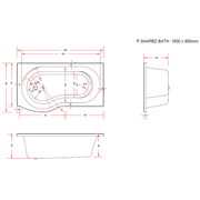 Viktor Benson 1500mm Right Hand P Shape Shower Bath with Panel and Screen Deal - Technical drawing