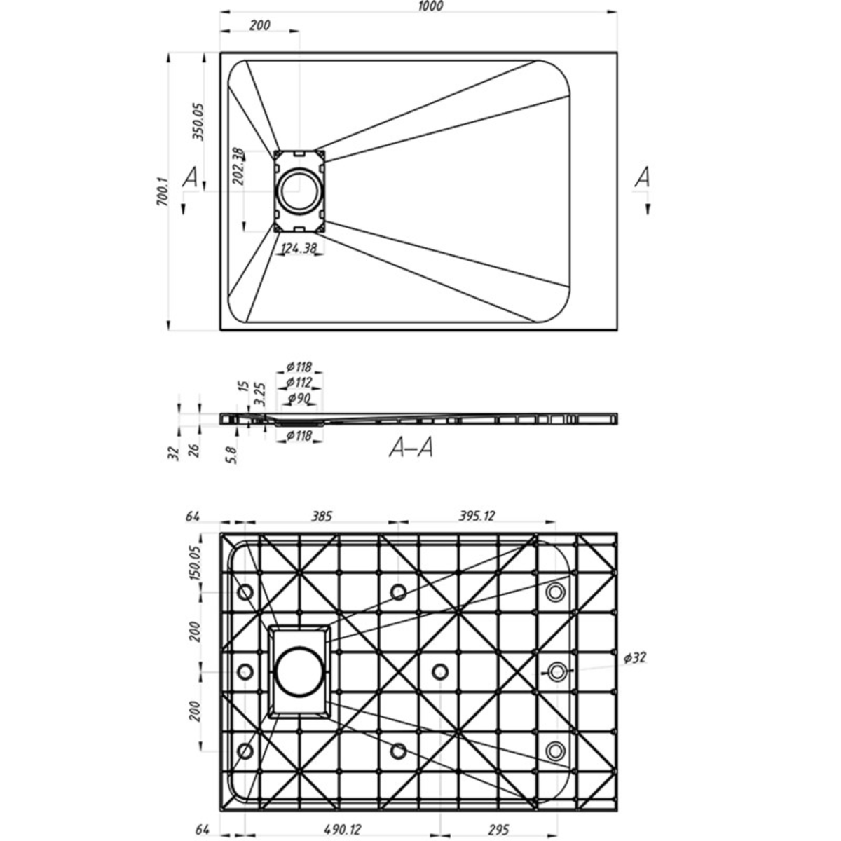 Veloce Uno Rectangle Shower Tray 700 x 1000mm - Grey - Technical drawing
