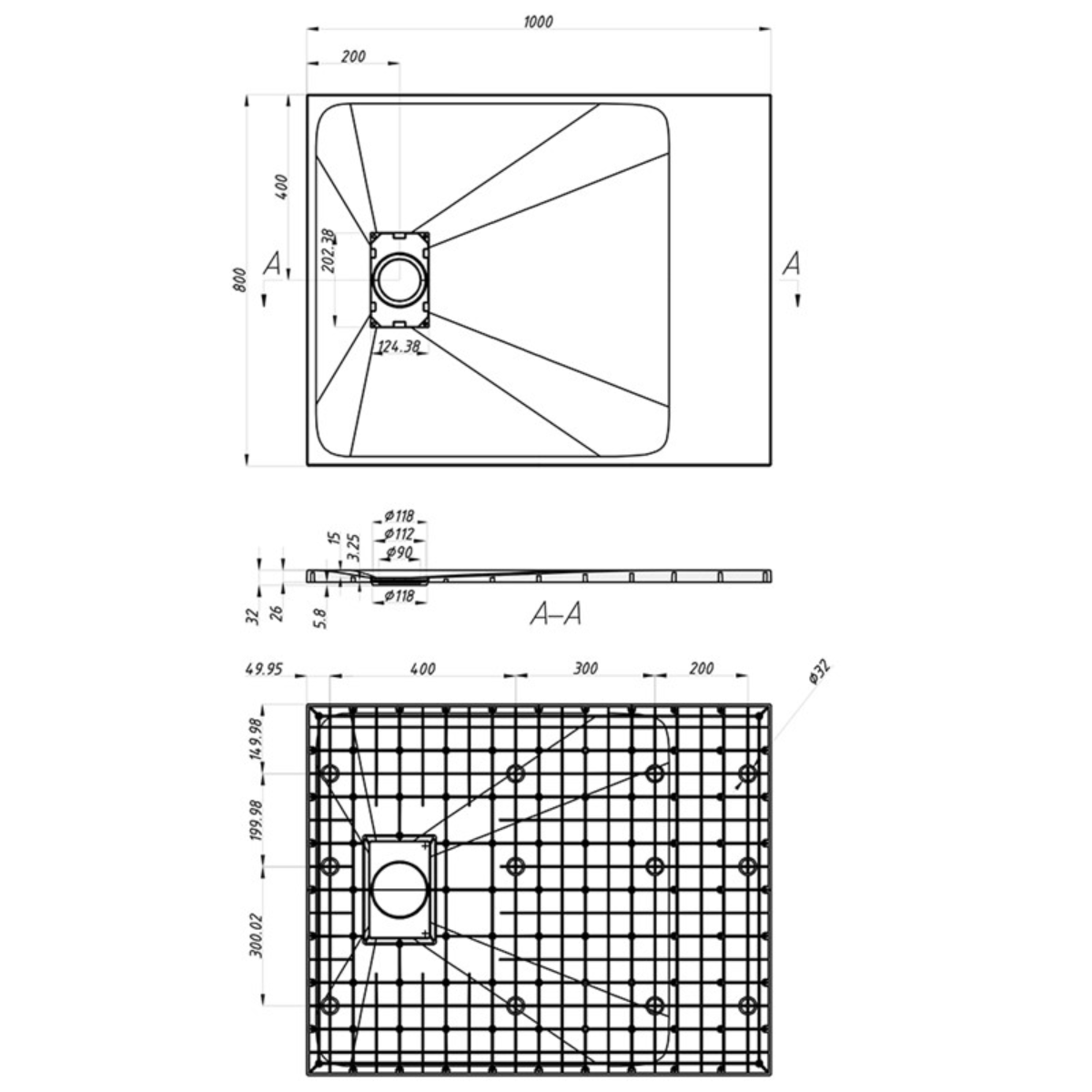 Veloce Uno Rectangle Shower Tray 800 x 1000mm - Grey - Technical drawing