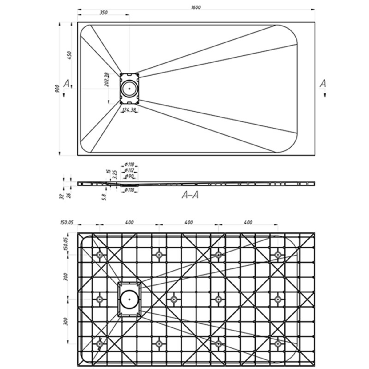 Veloce Uno Rectangle Shower Tray 900 x 1600mm - Grey - Technical drawing