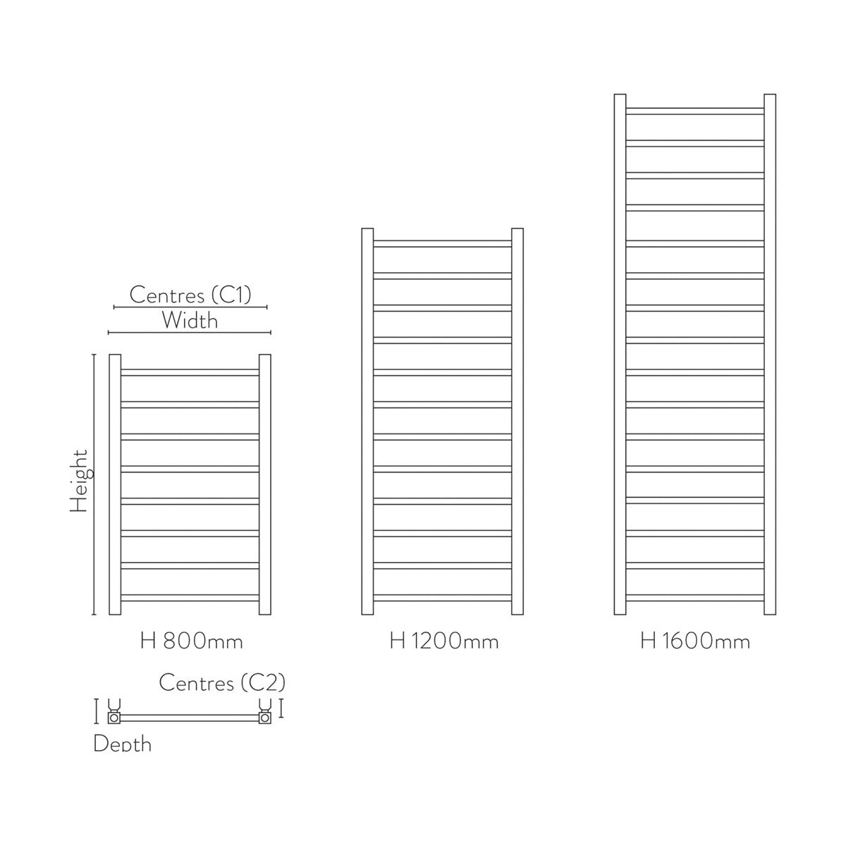 Vibe 1600 x 500mm Heated Towel Rail - Gunmetal - Technical drawing
