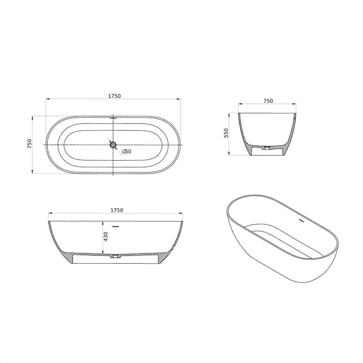 Viktor Benson Aria Stone 1750mm Modern Freestanding Bath - Technical drawing