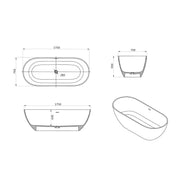 Viktor Benson Aria Stone 1750mm Modern Freestanding Bath - Technical drawing