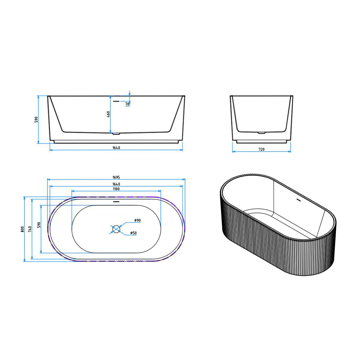 Viktor Benson Cadence Fluted Acrylic 1695mm Modern Freestanding Bath - Technical drawing