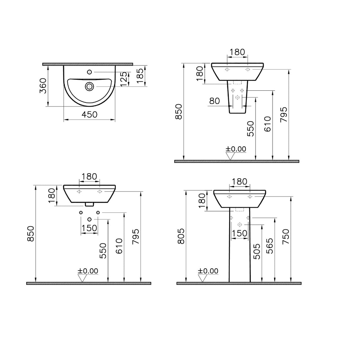 Vitra Integra 450mm Round 1 Tap Hole Basin and Semi Pedestal