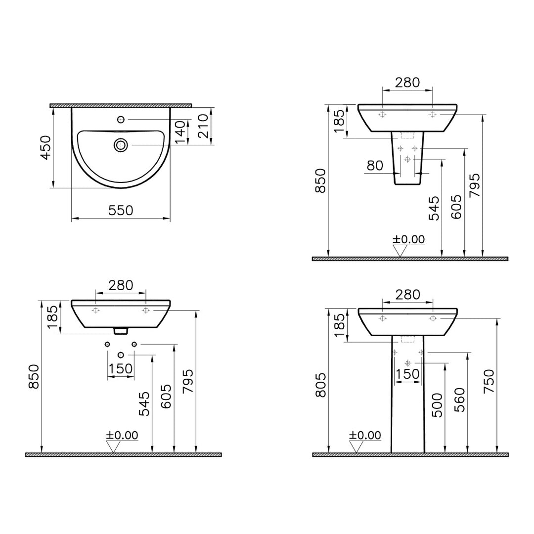 Vitra Integra 550mm Round 1 Tap Hole Basin and Semi Pedestal