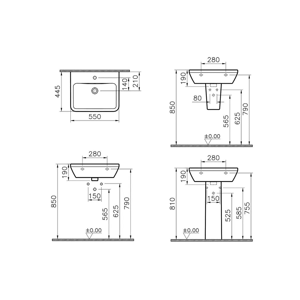 Vitra Integra 550mm Square 1 Tap Hole Basin and Full Pedestal - Technical drawing