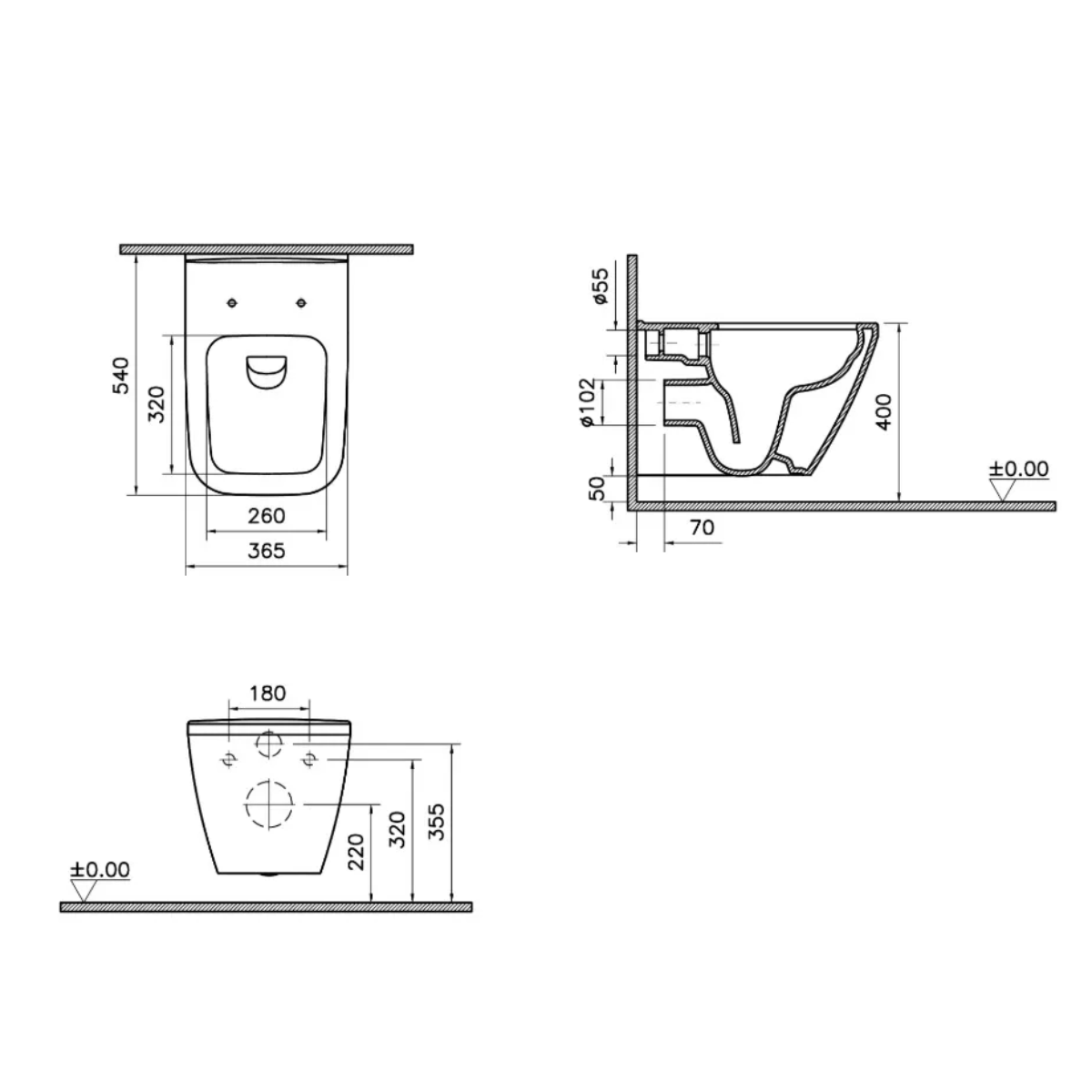 Vitra Integra Square Rimless Wall Hung Pan & Frame Bundle - Chrome - Technical drawing