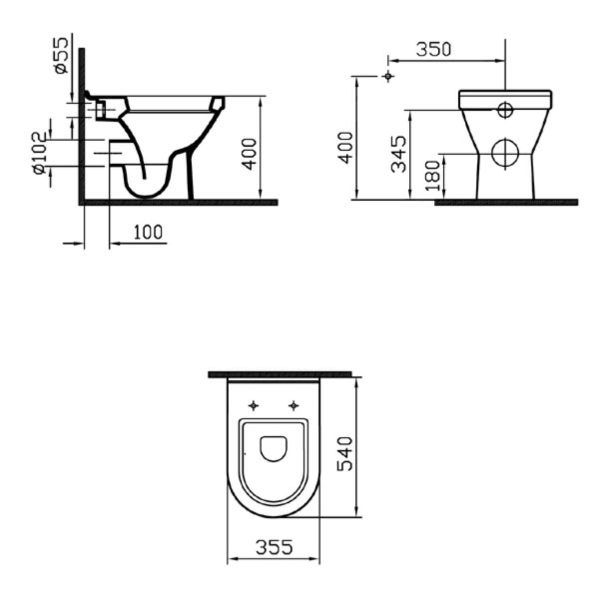 Vitra S50 Back to Wall Toilet & Soft Close Seat - Technical drawing