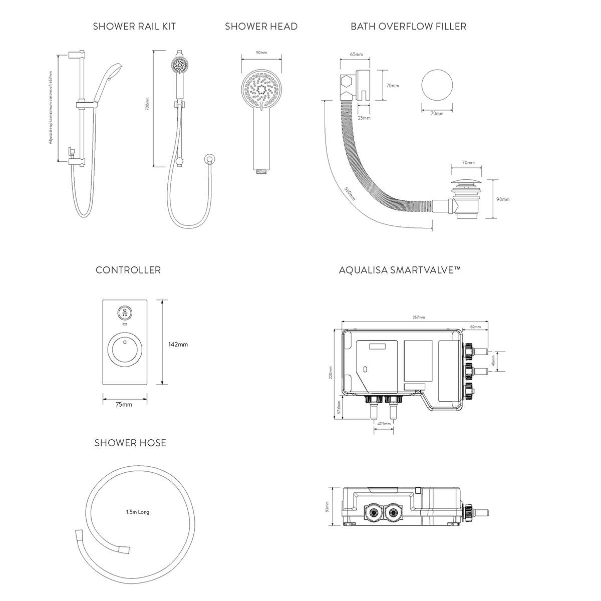 Aqualisa Visage Q Smart Shower Concealed With Adj Head And Bath Fill - Hp/Combi - Technical drawing