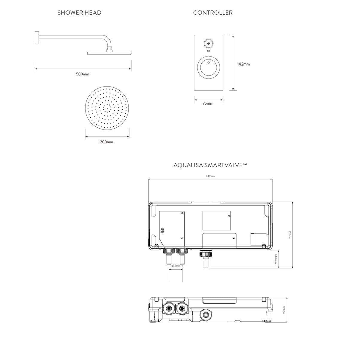 Aqualisa Visage Q Smart Shower Concealed With Fixed Head - Gravity Pumped - Technical drawing