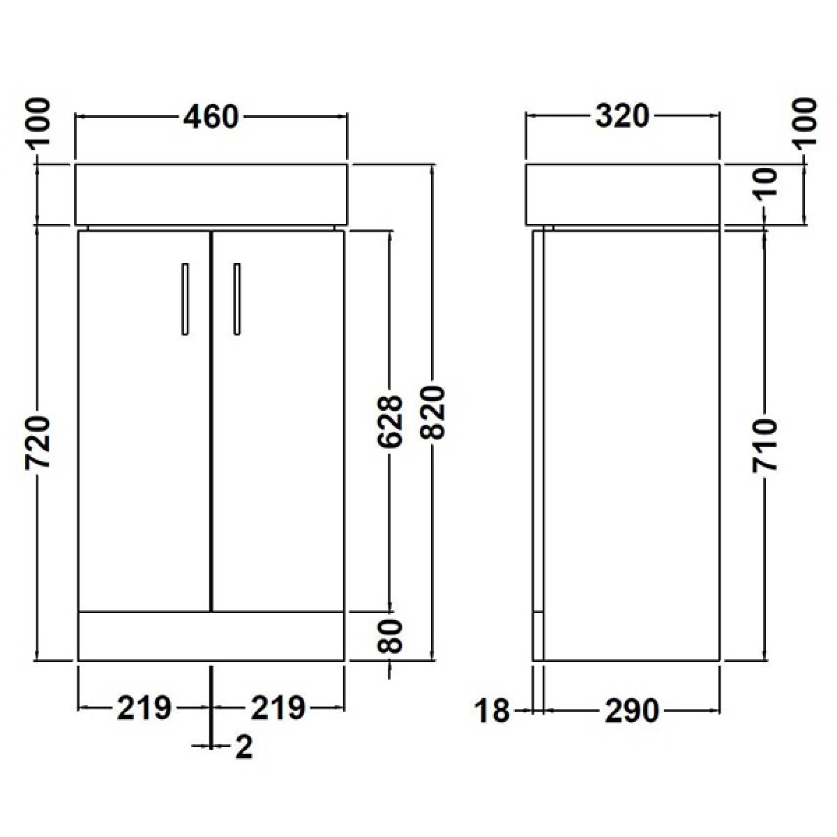 Eden Cloakroom Floor Standing Vanity Unit & Basin - Gloss White - Technical drawing