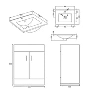 Bergo 500mm Floor Standing Vanity Unit & Minimalist Basin - Gloss White - Technical drawing