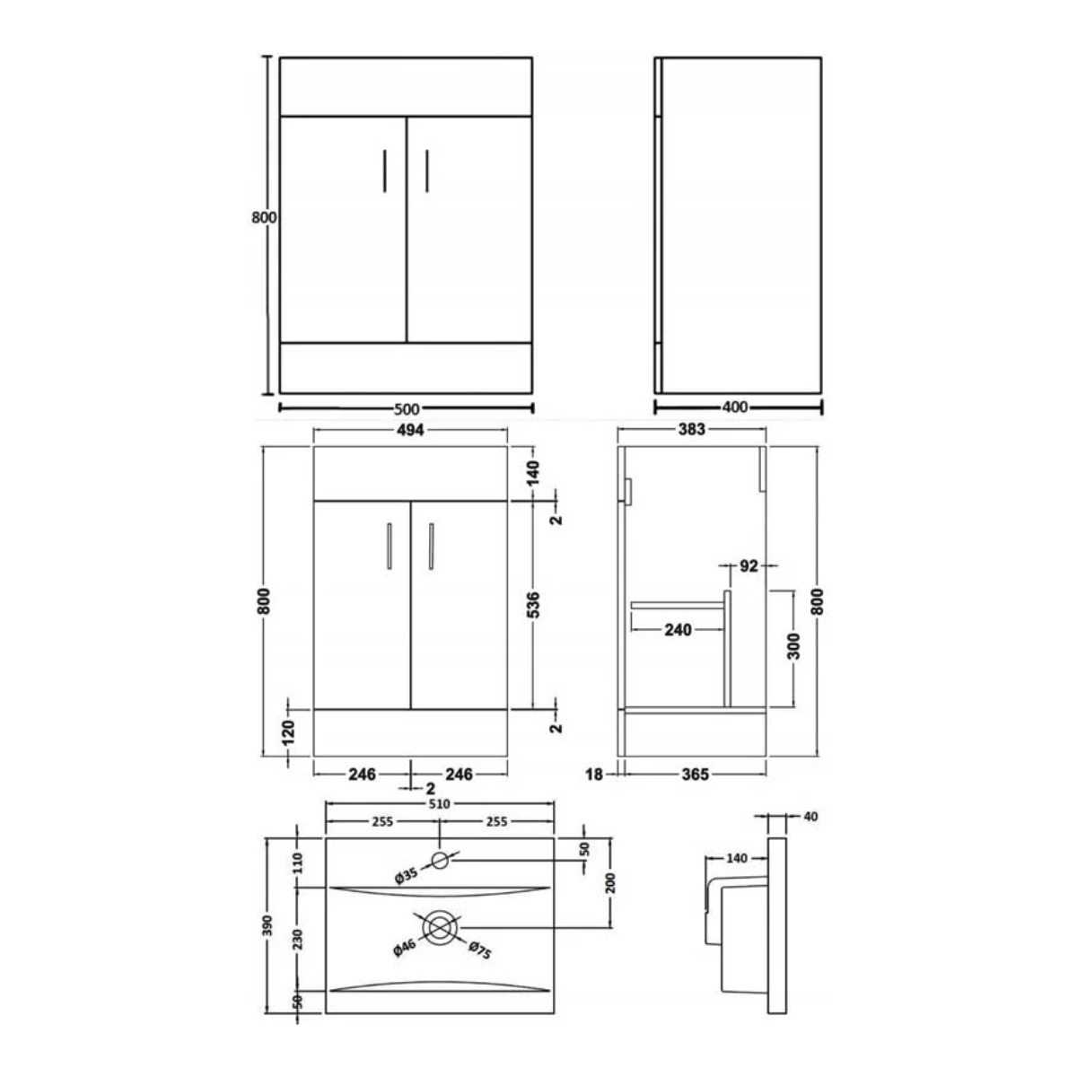 Nuie Eden Floor Standing 500mm Cabinet & Basin - Technical drawing