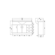 Nuie Mayford 1200mm Floor Standing Vanity Unit & Basin - Gloss White - Technical drawing