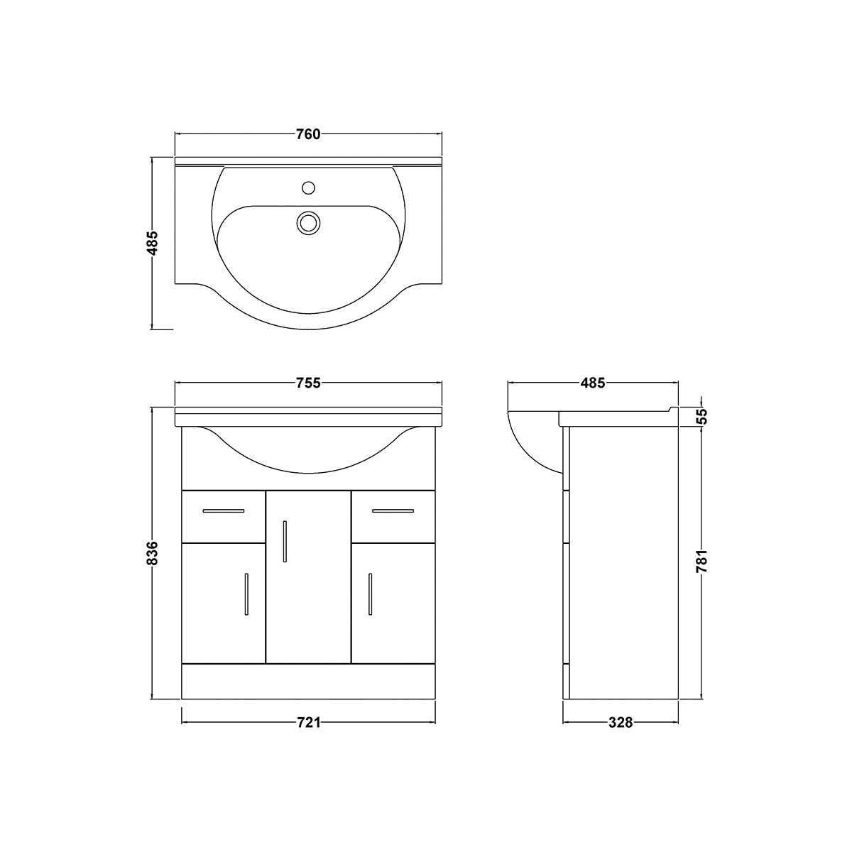 Nuie Mayford 750mm Floor Standing Gloss White Cabinet & Ceramic Round Basin - Technical drawing