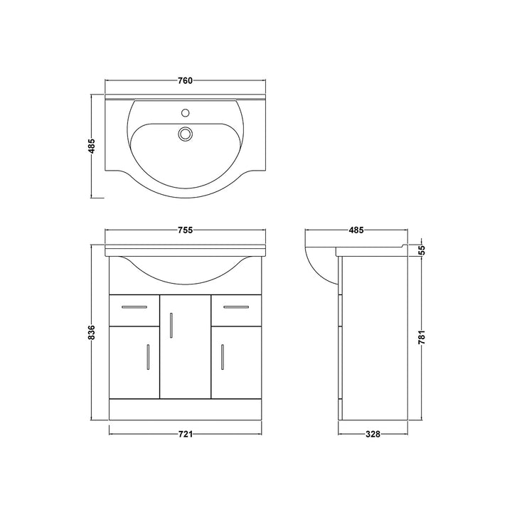 Nuie Mayford 750mm Floor Standing Gloss White Cabinet &amp; Ceramic Round Basin